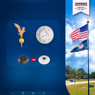 Gold eagle topper, black bronze or silver flash collar, solar light for flagpole by Atlantic Flagpole